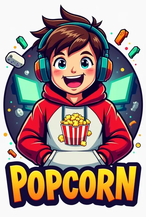 Create a mascot logo where the mascot is a gamer boy wearing a red and white hoodie with a popcorn design and underneath the letters of "popcorn"