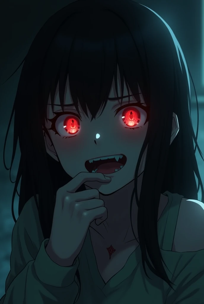 STRANGELY BEAUTIFUL GIRL, TAKING HER HAND TO HER CHIN WITH A MALICIOUS SMILE, BABANDO SALIVA, DIABOLICAL LAUGHTER, DEEP SINISTER EYES, dark surroundings, face ilumined, empty eyes, evil smile, saliva, facepalm, anime style, anime style, backlighting, blurr...