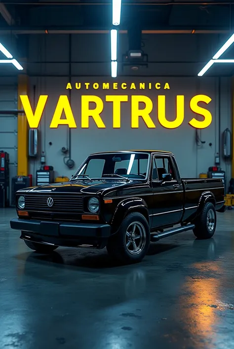 Simple workshop logo featuring a black 1991 Volkswagen Saveiro G1 pickup truck with the words “Automecanica Virtus” in yellow and sky blue tones. 

