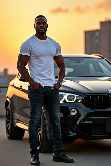 Strong black man next to a BMW X6
