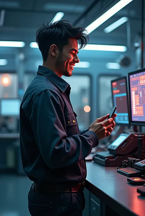 absurd resolution, high resolution, (work of art: 1.4), hiper-detalhe, young man&#39;s short messy black hair, welder dress, answering the phone (1.2), happy expression, high-tech factory bench, screen with sense of technology