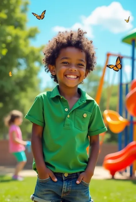 A brown-skinned boy with wavy hair, wearing a green shirt and jeans shorts