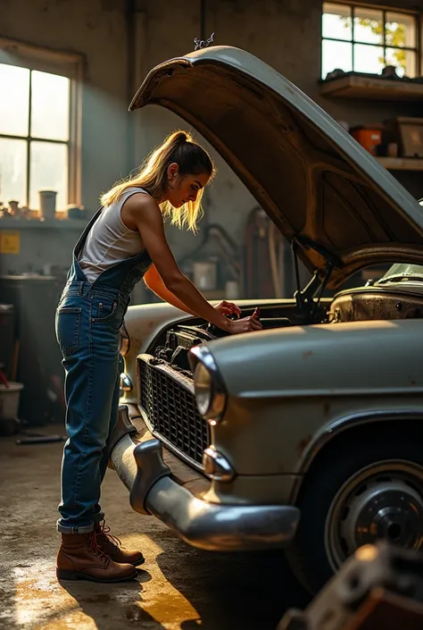 The woman is fixing a car, covered in oil and dust.