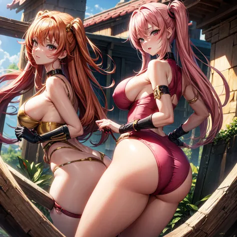 Anime style of a Girl with left eye Golden and right eye red, pink hair, Big boobs, Big ass, caucasian skin, gotich clothes 