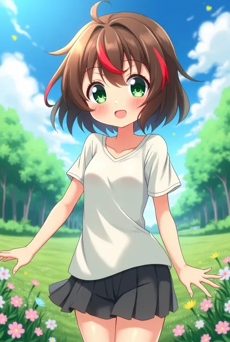 An anime girl with short brown hair and two red streaks on the sides, green eyes blushing and no underwear or any hentai clothes