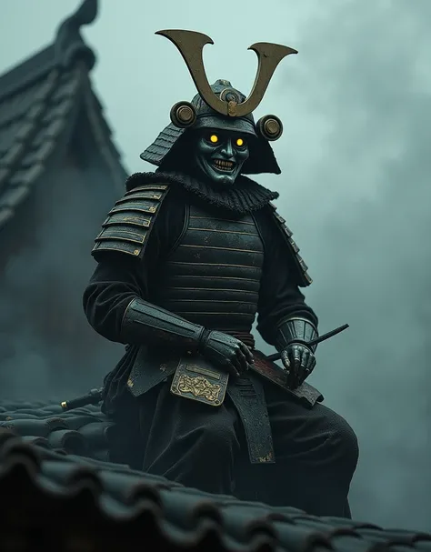 A creepy fairy tale puppet SAMURAI-Armor e face-Japan cartoon character Carlson on a dark, shadowy rooftop, (best quality,4k,8k,highres,masterpiece:1.2),ultra-detailed,(realistic,photorealistic,photo-realistic:1.37),HDR,UHD,studio lighting,extremely detail...