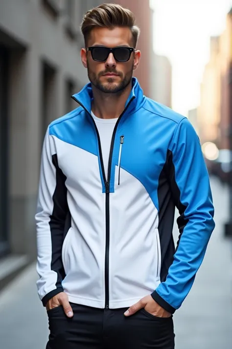 Create a mock neck zip puller mans jacket, base white , side panels blue and down panel, zip binding, sleeve white, sleeve cuff 2 inch black wearing by a man