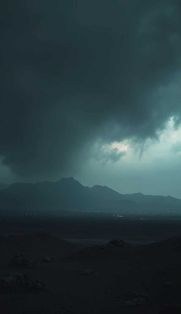 A vast landscape slowly being swallowed by a looming darkness that spreads across the sky like ink in water. The horizon fades as an ominous shadow blankets the Earth, extinguishing the last traces of daylight. In the distance, faint outlines of mountains ...