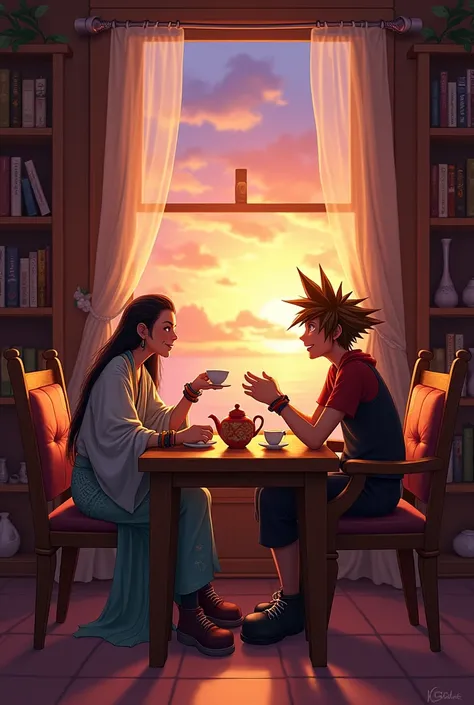 Changlis Wuthering Waves and Sora from Kingdom Hearts having tea together in a living room, with a window in the background depicting the sunset.