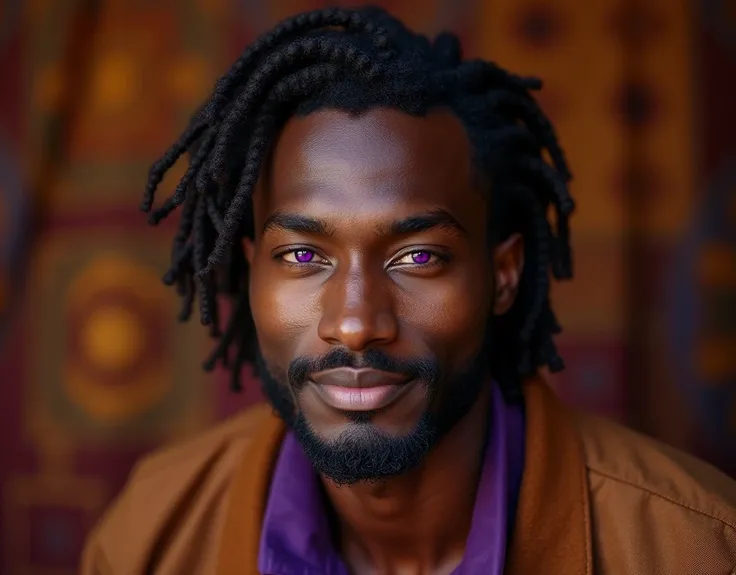 headshot of clean shaven very tall French-Nubian featured male model, relaxed waves parted to the side hair, toned body, ebony skin, vibrant purple eyes, tall thin toned body. Kind expression. Wearing brown and purple clothes.