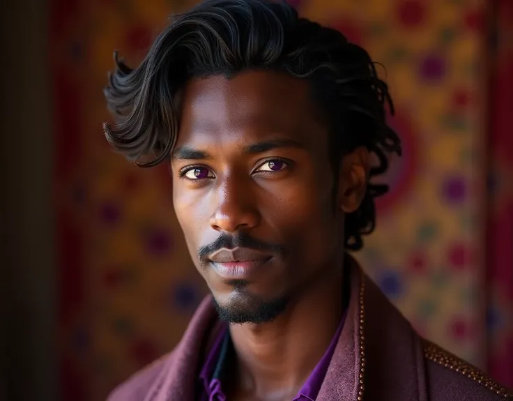 headshot of clean shaven very tall French-Nubian featured male model, relaxed waves parted to the side hair, toned body, ebony skin, vibrant purple eyes, tall thin toned body. Kind expression. Wearing brown and purple clothes.