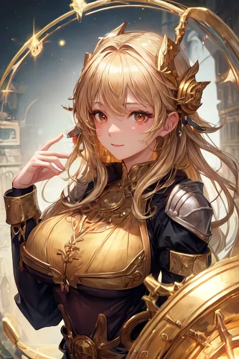 A beautiful alchemist girl with golden hair, brown eyes, and a large bust.