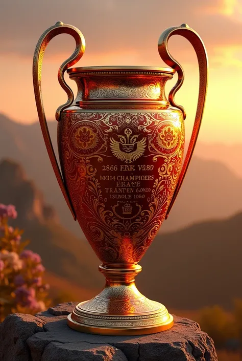 create the champions league cup with delicate Armenian decorations, let the patterns be apricot, grape, Ararat mountain, pomegranate, eagle lion, all this should be very delicate and luxurious 