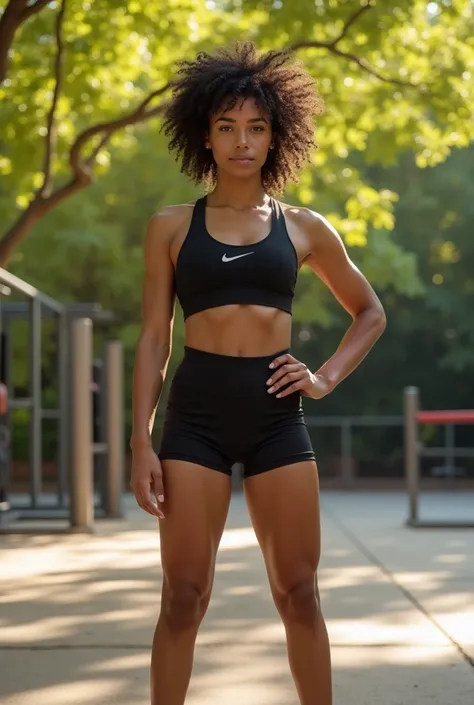 A white woman with 1,8 tall, wearing black Nike Pro shorts, very fit with strong muscles, curly hair, small-nose, half rounded face, breasts big