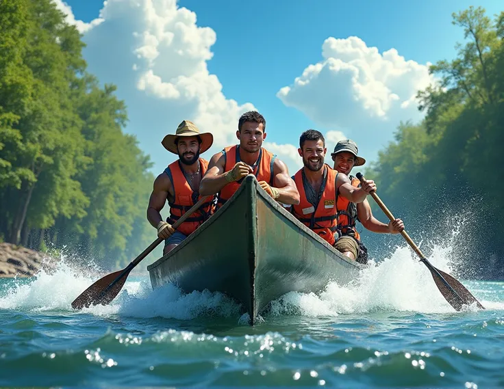 Drawing of 4 workers paddling a canoe with great effort