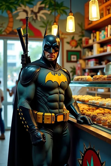 Carioca Batman with rifles on his back buying bread at the pharmacys marijuana bakery 