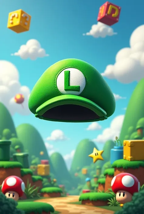 A green Luigi cap with the letter D instead of the L and a Mario Bros background