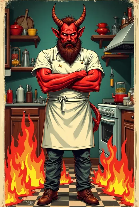 Illustration of a vintage tarot card with few colors inside it has a red devil dressed as a chef with horns and a beard, looking like a white Italian businessman with his arms crossed and surrounded by fire with a look of knowing everything and arrogant in...