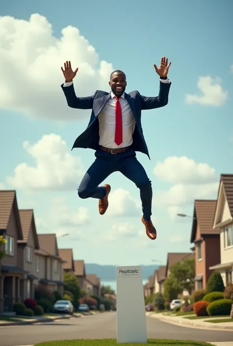 Real estate agent doing a high jump in the Fosbury style
