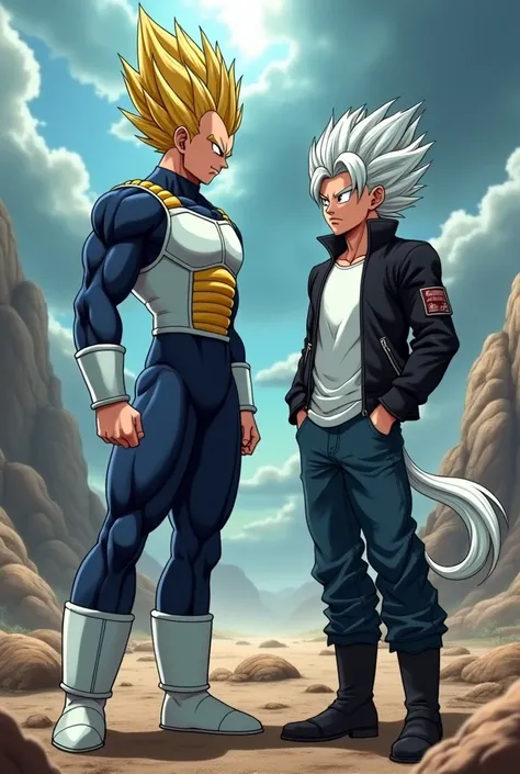 Vegeta,hair styled up and ending in a point. He wore a dark blue suit and over it the typical armor worn by Saiyans,Fighting against a muscular long-haired, white-haired teenager,Red eyes,camiseta blaca,knee-length black jacket,dark blue denim jeans,black ...