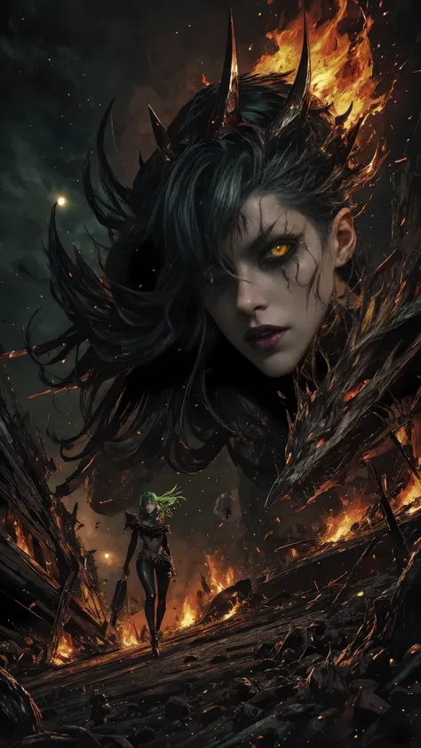 High view, high angle of camera, A beautiful and sexy queen of hell, anime style. walking through a dark, rotten and burnt Hades, showcasing the fiery green hair and thin black horns with incandescent cracks, black tears, golden ornament. Every space and b...