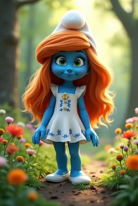 An adult Smurfette with green eyes and orange hair 