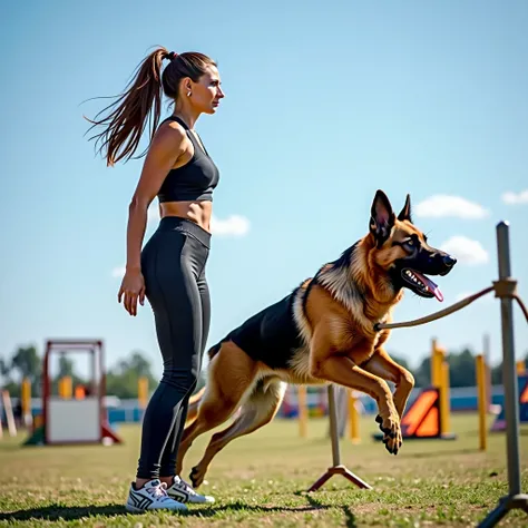 a beautiful woman facing forward training her German Shepherd dog , leaping into the air ,  in the background a dog training facility, 