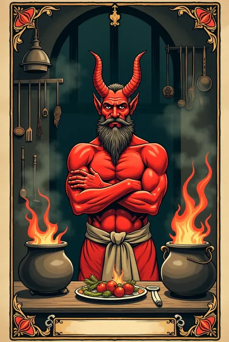 Vintage tarot card illustration with few colors, inside it has a red devil dressed as a chef with horns and beard, an Italian businessman appearance with white skin, crossed arms and surrounded by fire, with a knowing and arrogant look in a very mystical k...