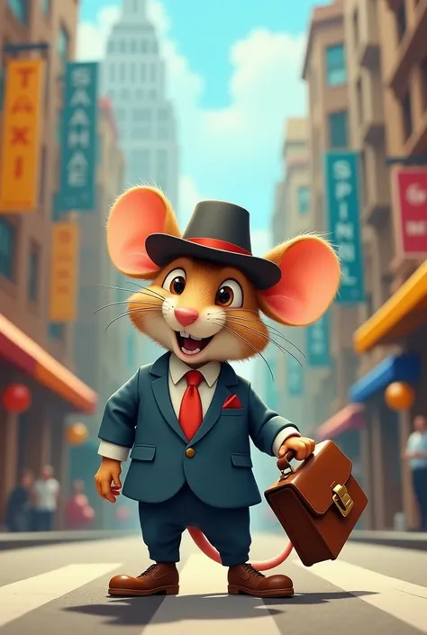 A humorous cartoon of a small mouse wearing a suit and human clothes, carrying a brown briefcase and shoes, built and wearing a hat. 