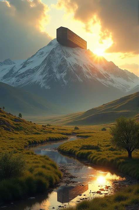 Noahs Ark atop Mount Ararat with the floodwaters receding from the ark