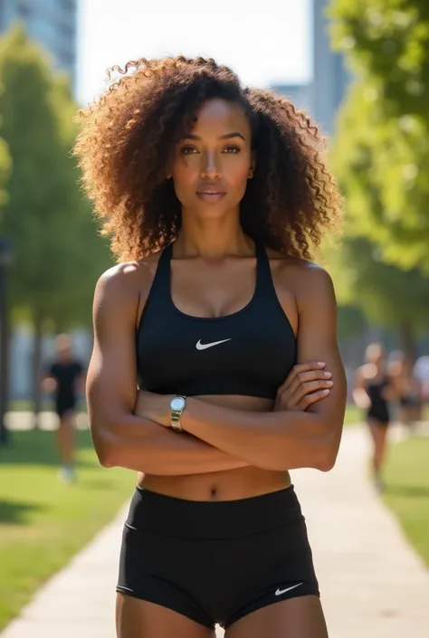 White woman, wearing black Nike shorts, curly hair, well defined.