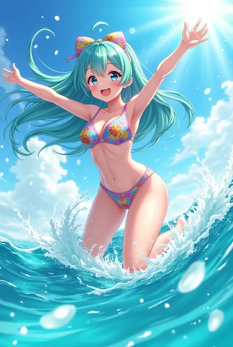 Mi faresti un immagine di una ragazza anime Sea splashes and jumps