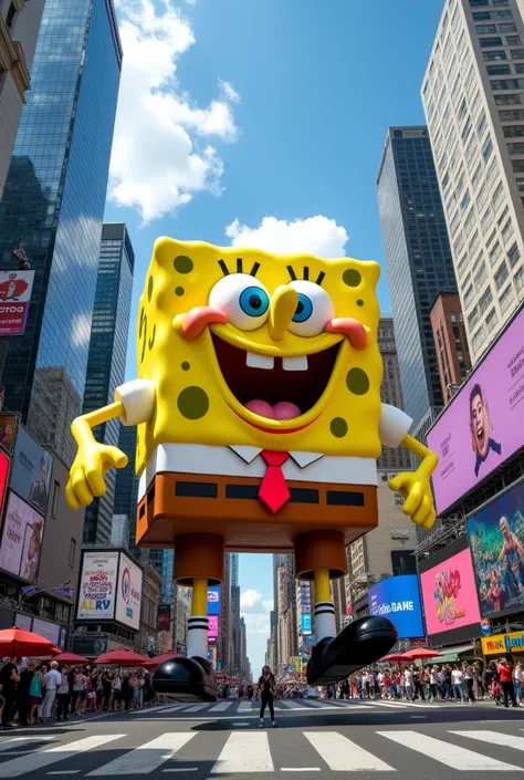 Giant spongebob hitting a griddy in new york