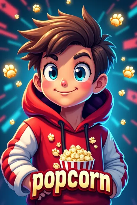 Create a mascot logo where the mascot is a gamer boy wearing a red and white hoodie with a popcorn design and underneath the letters of "popcorn"