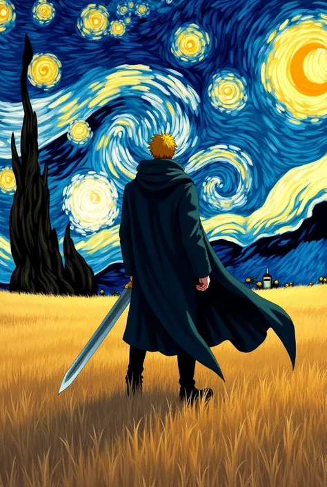 Guts from berserk anime with van gough style background 