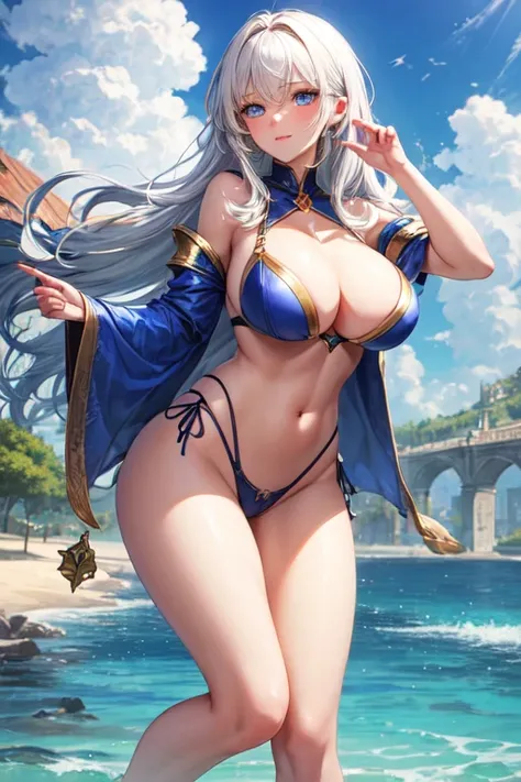 A beautiful girl inventor,alchemist with white hair, a right golden eye and a left blue eye, and large breasts.