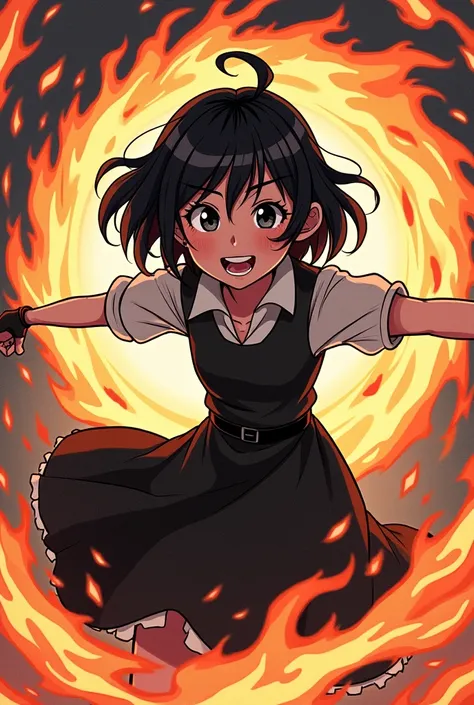 Generate a art of kairi todoroki, a feisty 11 year old girl wearing black frock with frowning round grey eyes , BIG GRIN and long frizzy complete red hair swirling her hands around which are covered with black and white flames to make a circle 