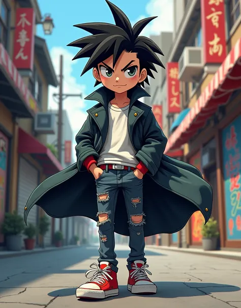 Asian boy wearing a coat, black hair with mullet, white skin, cool, young delinquent, modern clothes, cartoon network EUA animation design