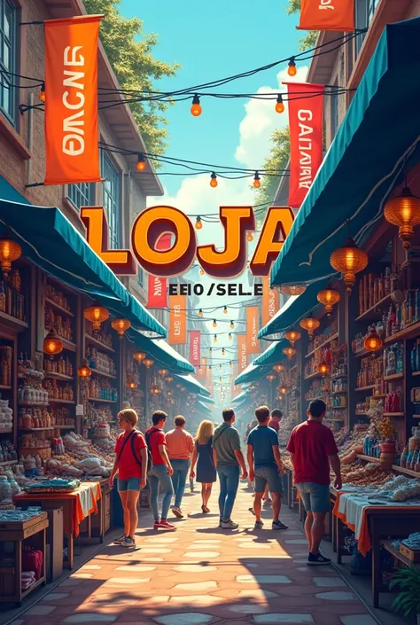 An image with a purchase and sale motive with various general consumer items and containing the word "LOJA" and below in smaller letters the word "BUY / SELL"