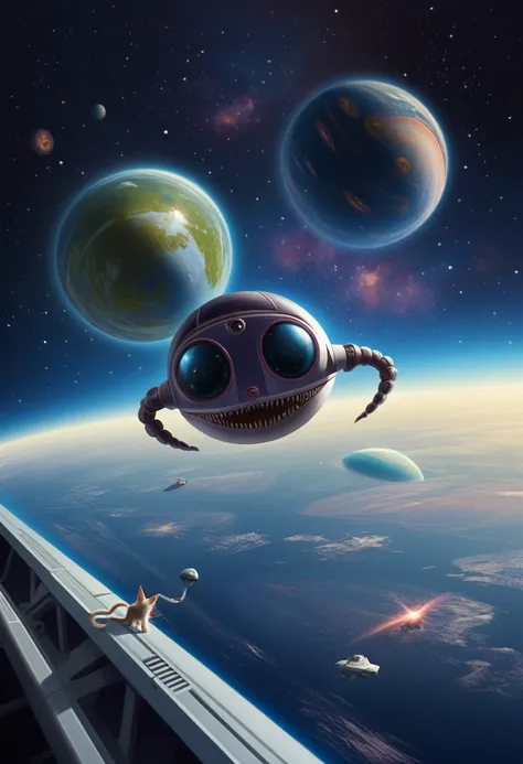 a cartoon alien and cat in a space station with a spaceship, vector art by Lisa Frank, shutterstock, psychedelic art, space cat, extraterrestrial paradise, kittens in outer space, caring alien life form, alien abduction, 🐋 as 🐘 as 🤖 as 👽 as 🐳, ufo aliens, ...