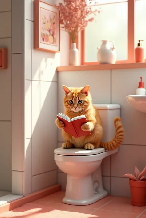 (photorealism:1.2), orange tabby cat reading a book,  sitting on the toilet of a modern bathroom with salmon-colored decor