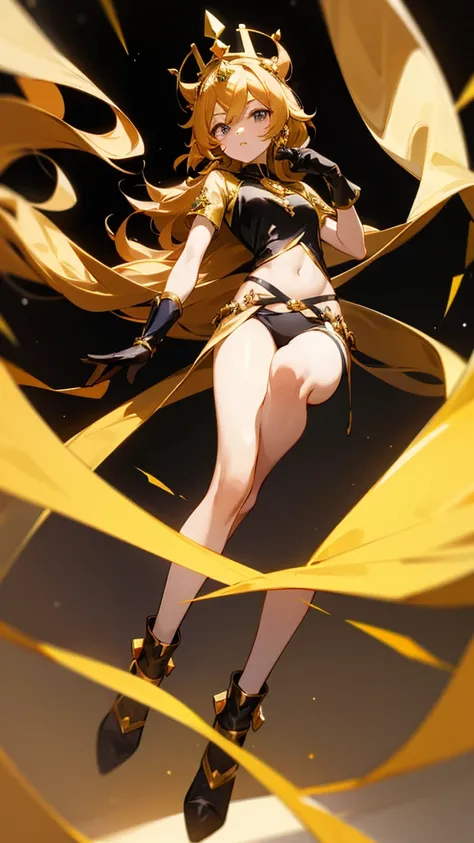 a girl, wearing a golden crown with a gem, long hair, wearing short top, wearing short, wearing long black socks, wearing gloves, high details