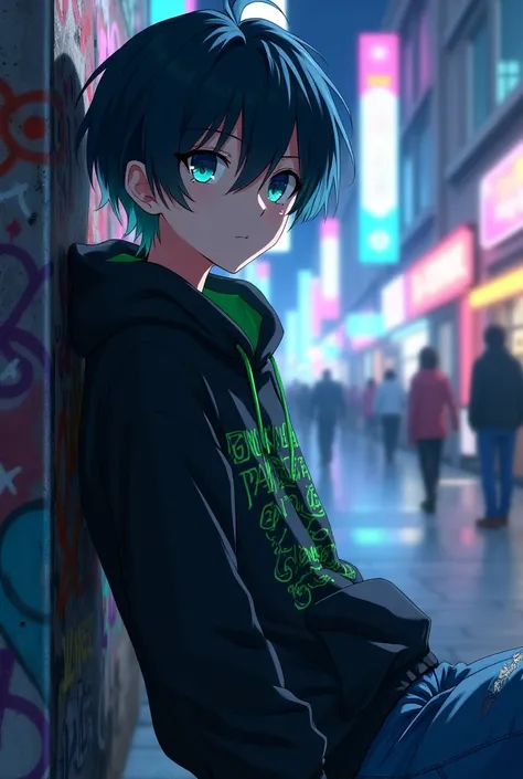 Generate a anime art of souske hibari, a highly intelligent teenager with black hoodie, blue jeans and a book. He has a lazy expression with blue eyes. He had raven hair with neon green undertones
He is the son of ragyo kiryuuin 
(From kill la kill)