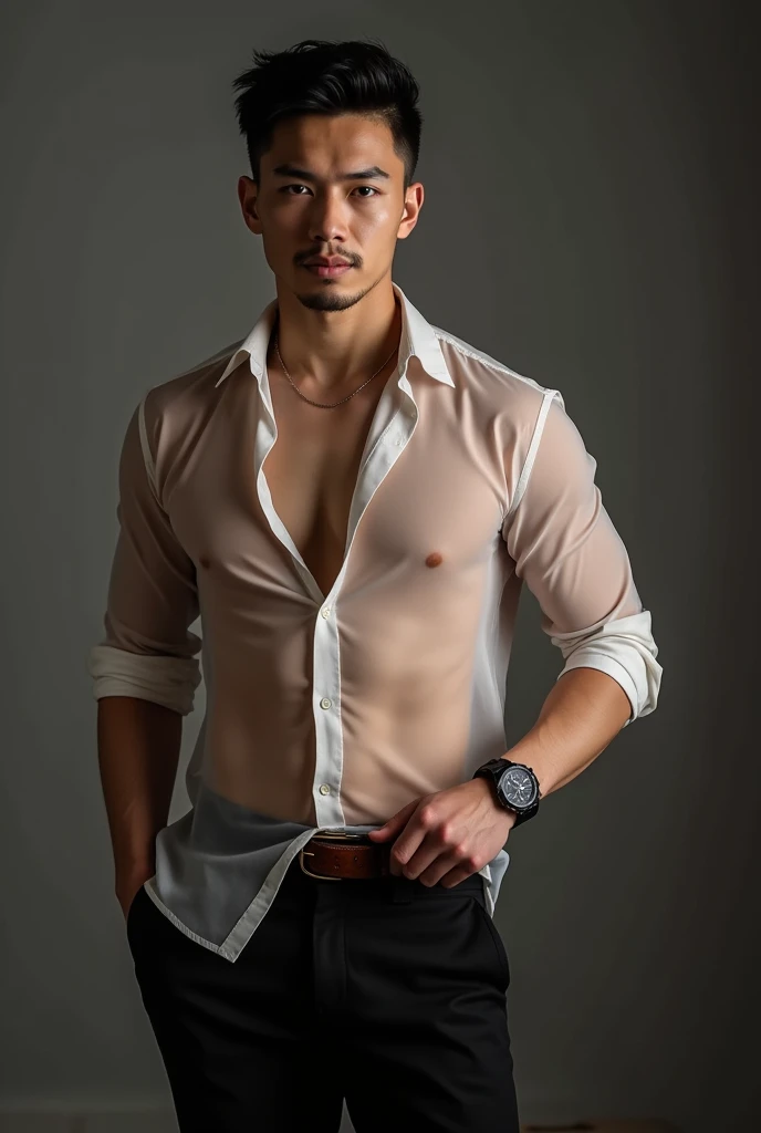 homme asiatique(coréen,vietnamien,Chinois,Japonais), 20 ans, beau et élégant,Imberbe, Porter une chemise transparente, sexey , masculin et beau，musclé，Les muscles ont l&#39;air bien，corps poilus, avec une peau claire,, photo du corps entier,(ultra-détaillé...