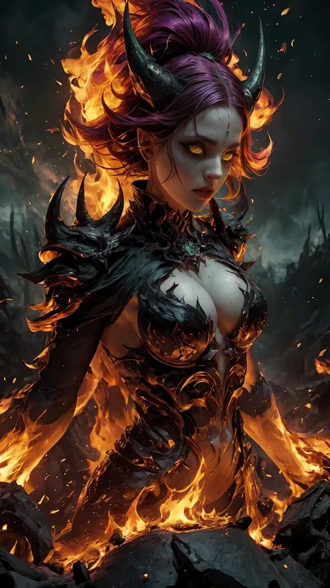 High view, high angle of camera, A beautiful and sexy queen of hell, anime style. walking through a dark, rotten and burnt Hades, showcasing the fiery green hair and thin black horns with incandescent cracks, black tears, golden ornament. Every space and b...