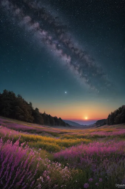 celestial meadow fantasy wallpaper in 4k quality, ethereal watercolor style, featuring a vast, open meadow under a sky painted w...