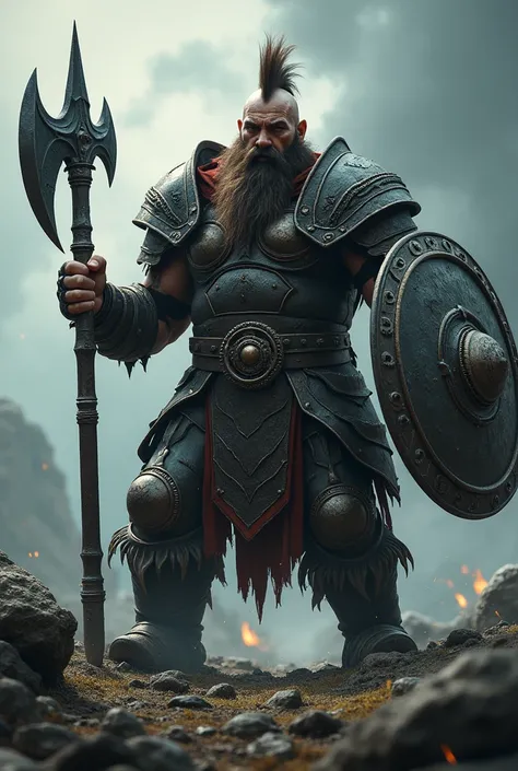 a dwarf warrior, dwarf knight, heavily armored dwarf, dwarf in shiny metal armor, dwarf with battle axe, dwarf with shield and sword, dwarf with beard and mohawk, dwarf in a dark fantasy setting, dwarf warrior in an epic battle scene, intricate armor detai...