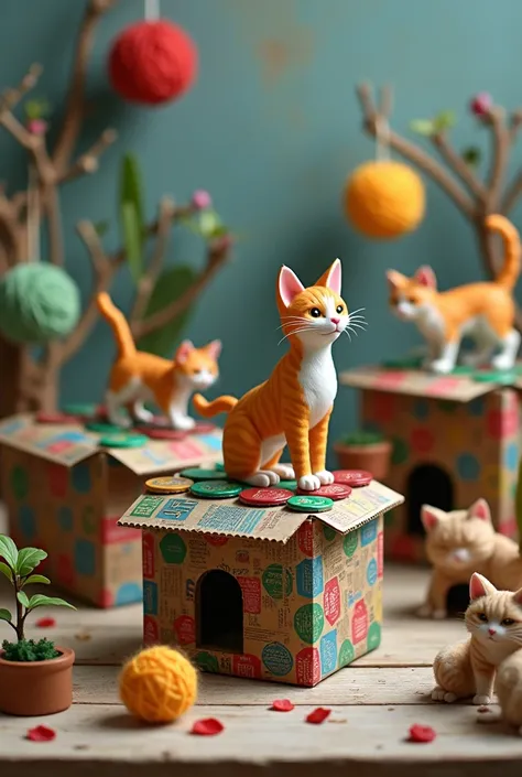 Cat dioramas made with recycled materials 