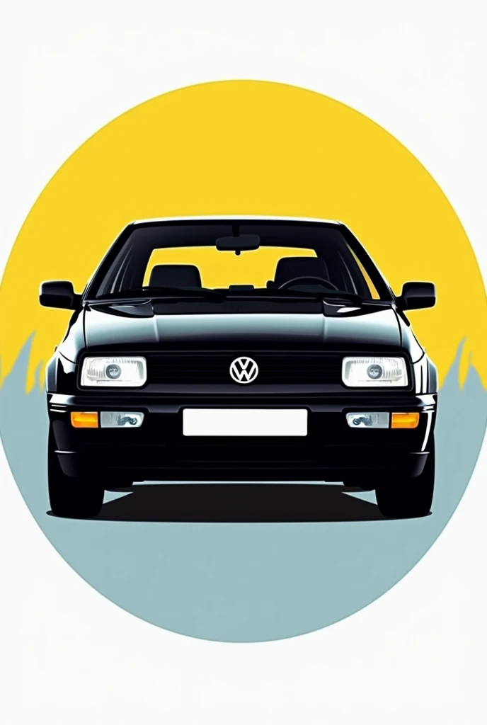 A mechanic&#39;s workshop logo with a silhouette of a black Volkswagen Saveiro G1 Cl from 1994 with square headlights that says Automecanica Virtus in yellow and light blue tones
