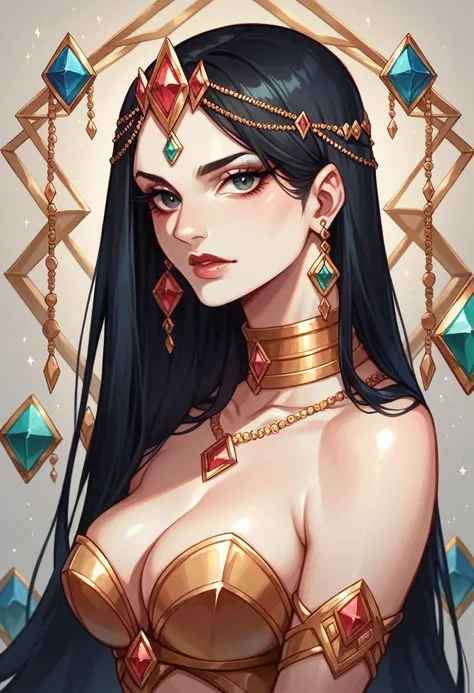 Black hair woman with beautiful eyes, clear skin, queen, diamonds, gold